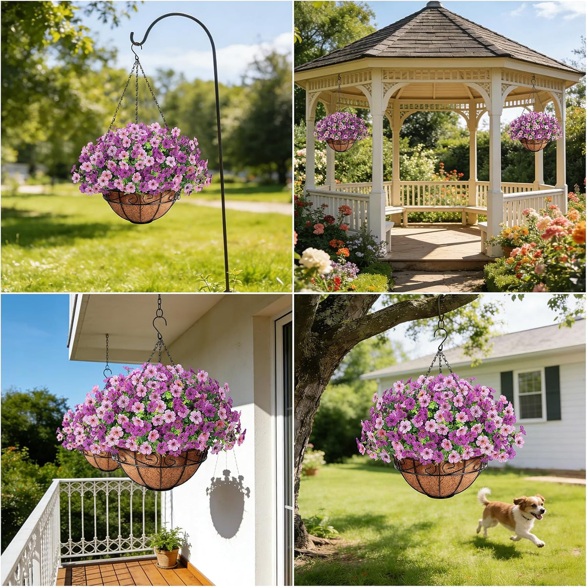 Artificial Fake Hanging Flowers Plants Basket Outdoors, Pink Purple