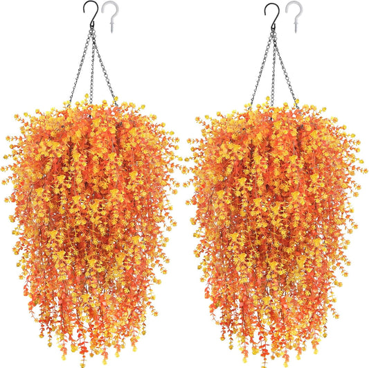 2 Set Fall Artificial Flower Hanging Baskets for Outdoors, UV Resistant
