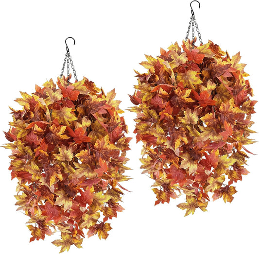 HUAESIN 2 Set Fall Hanging Baskets Outdoor with Maple Leaves