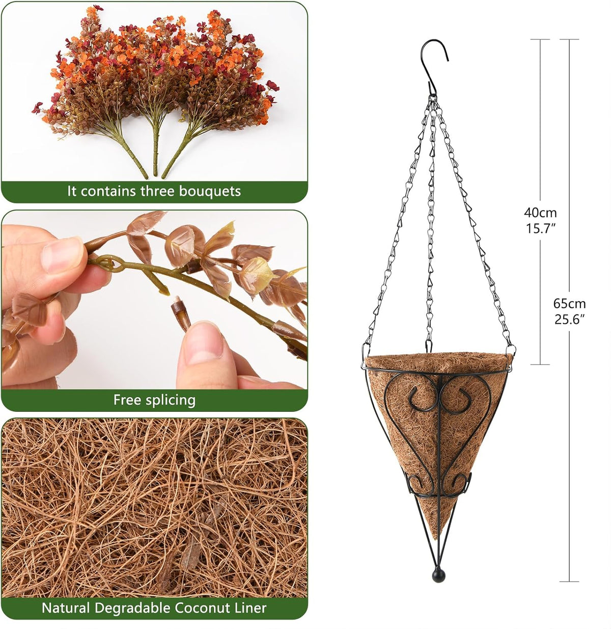 Fake Mums Fall Artificial Hanging Flowers Baskets for Outdoor Decoration