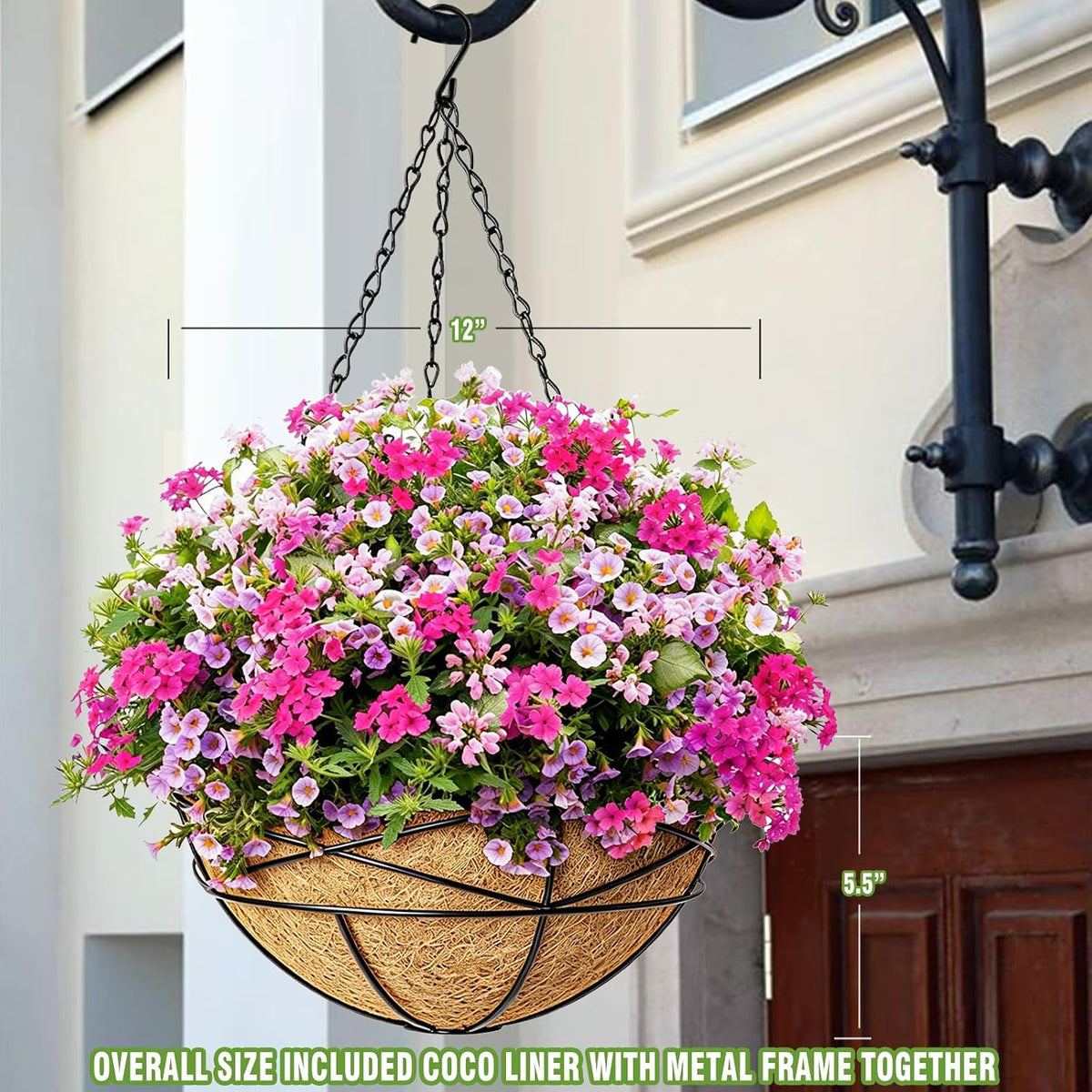 4 Pack 12 Inch Hanging Planters for Outdoor Plants Metal Watering Flower Baskets with Coco Liner for Outside Planting Plant Holder Pot for Home Garden Porch Balcony Railings Decor