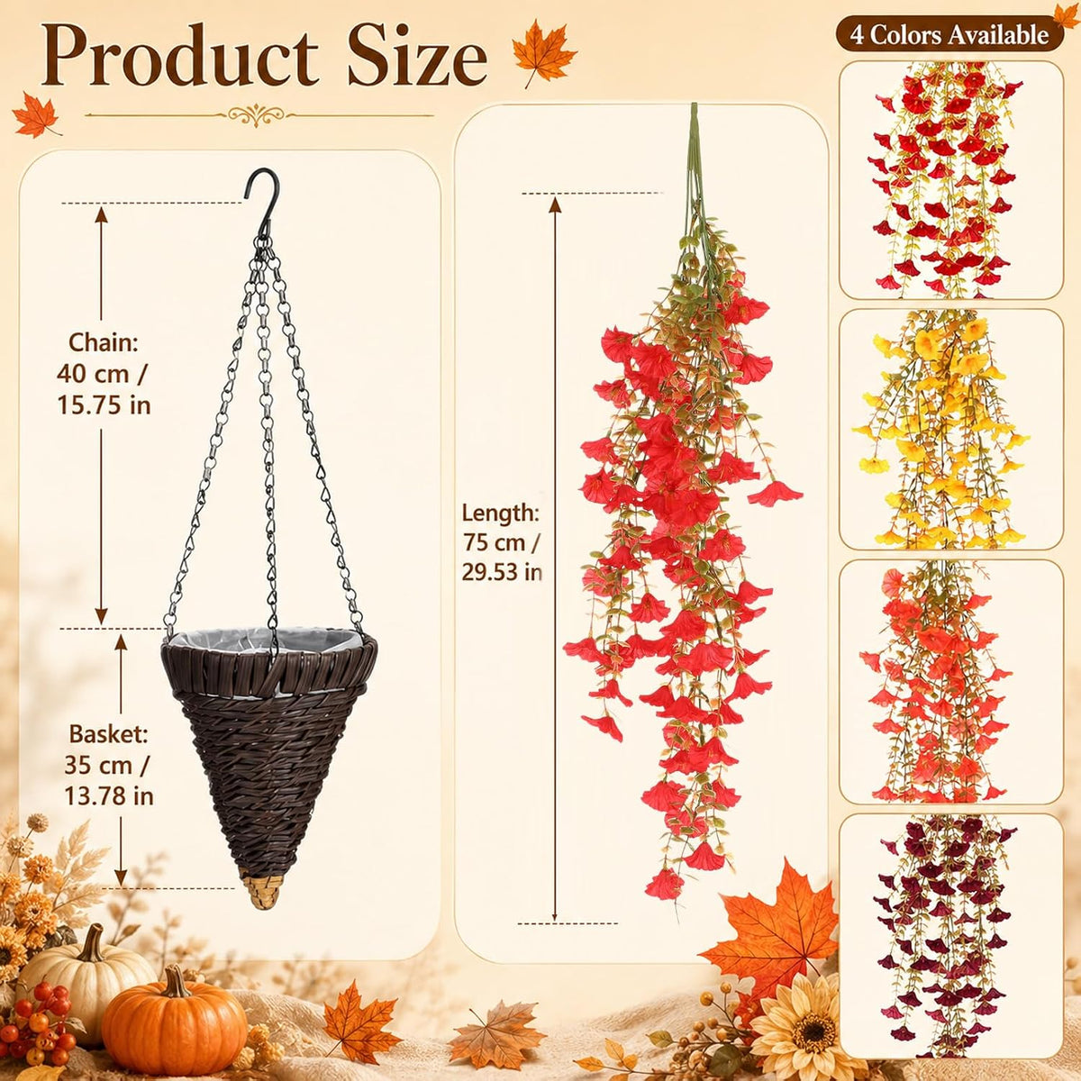 Pinkunn 2 Pack Artificial Fall Hanging Flower Basket for Outdoor Fall Decor