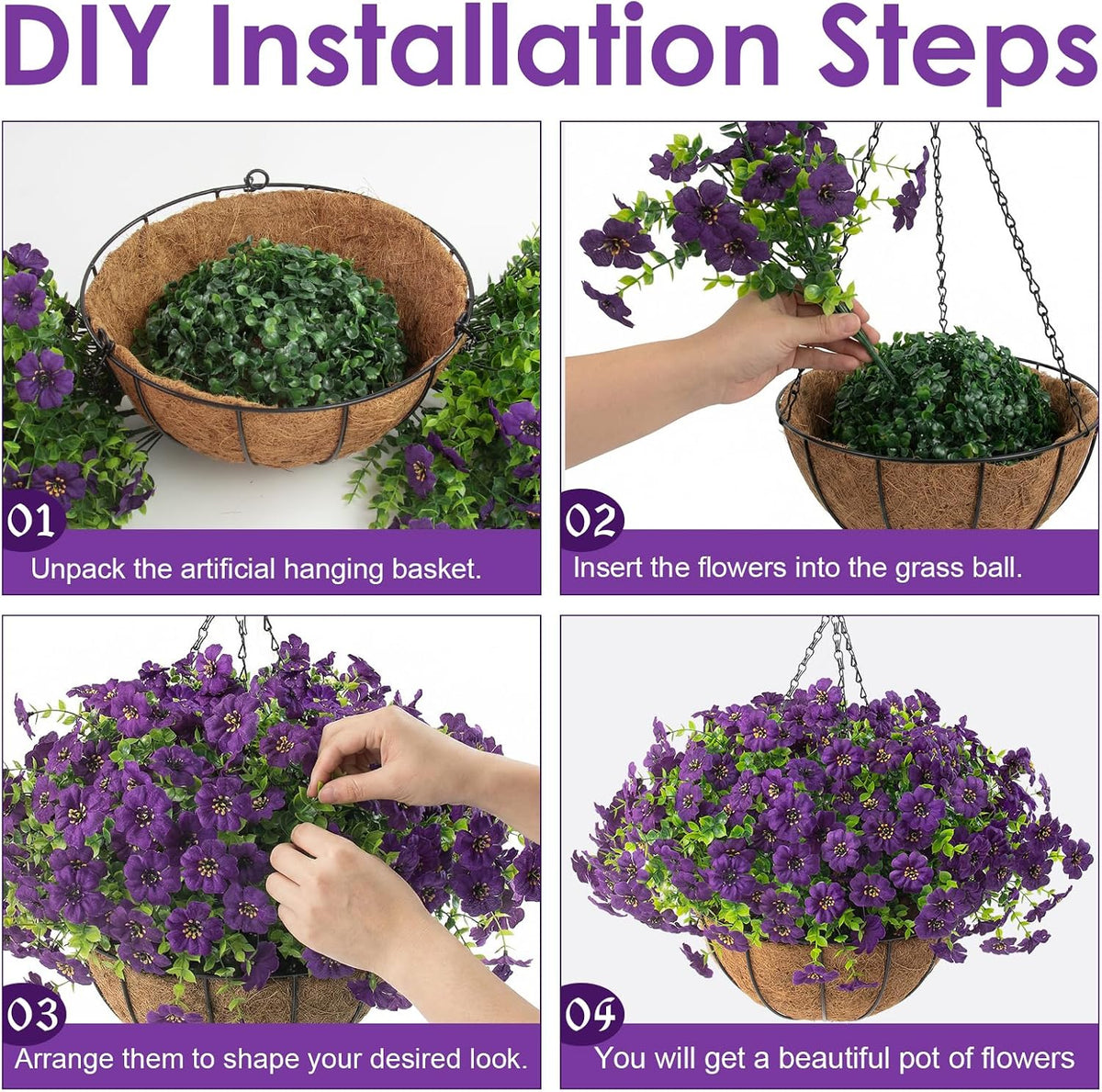 Hananona 2 Set Artificial Outdoor Flowers with Hanging Basket, 2 Hanging Planters with 24 Pcs Flowers for Spring Summer Front Porch Garden Patio Home Decor (2, Purple)