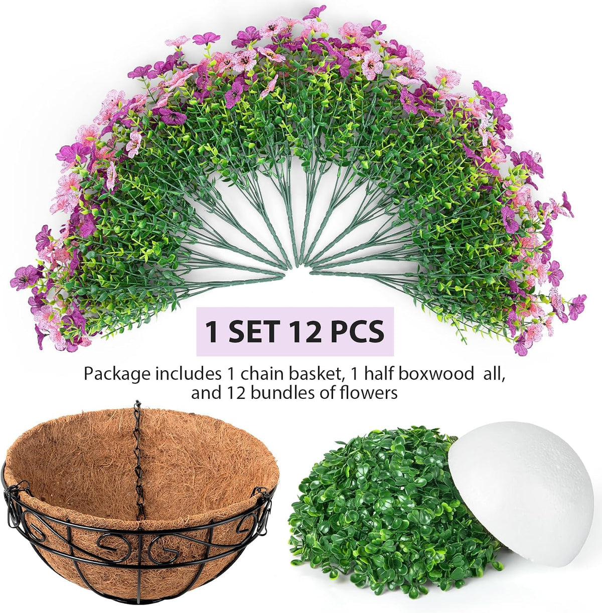 Artificial Fake Hanging Flowers Plants Basket Outdoors, Pink Purple