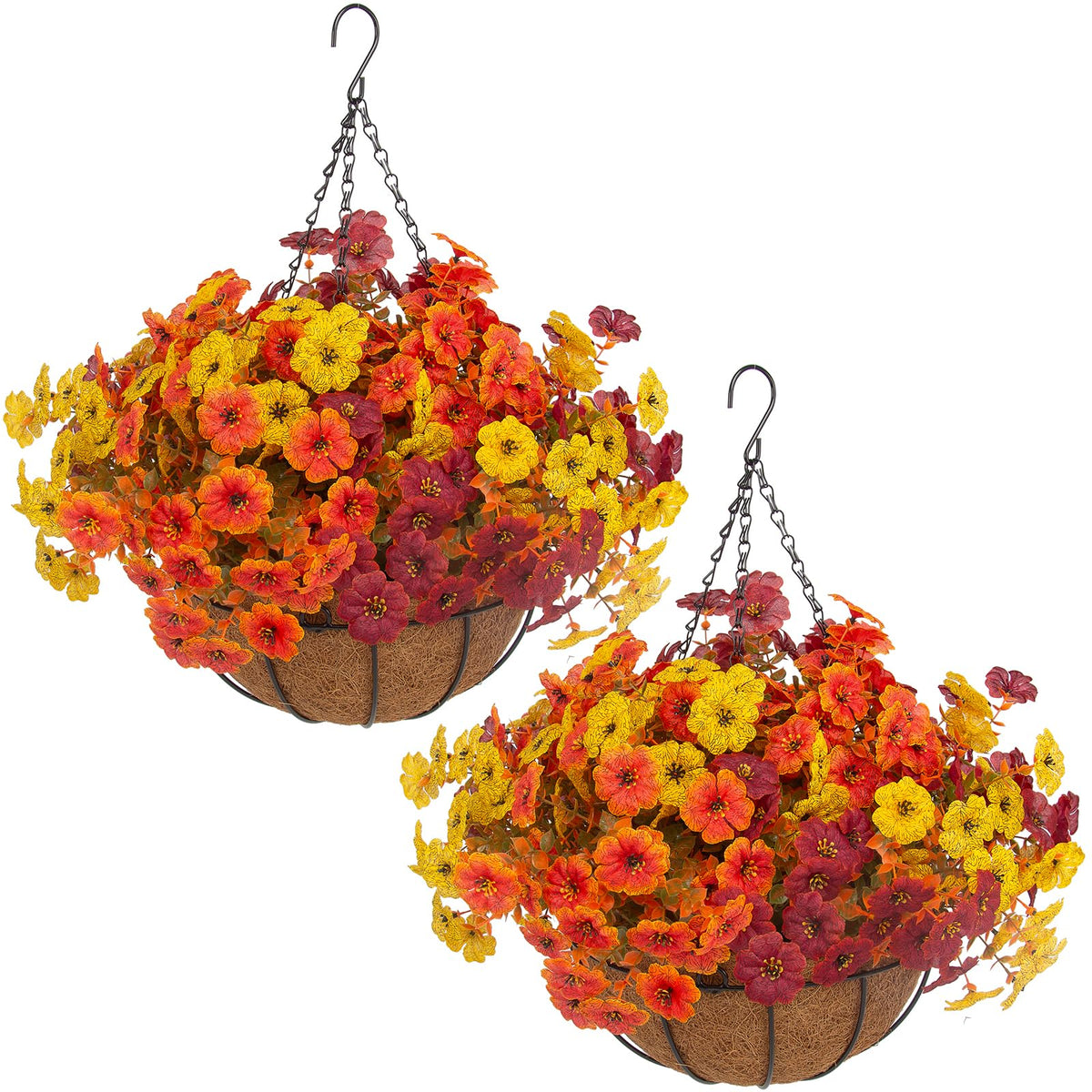 Hananona 24 Pcs Artficial Outdoor Flowers with Hanging Baskets, 2 Pack Hanging Planter with Red Outdoor Spring Flowers for Christmas Porch Home Patio Yard Decor (2, Red)