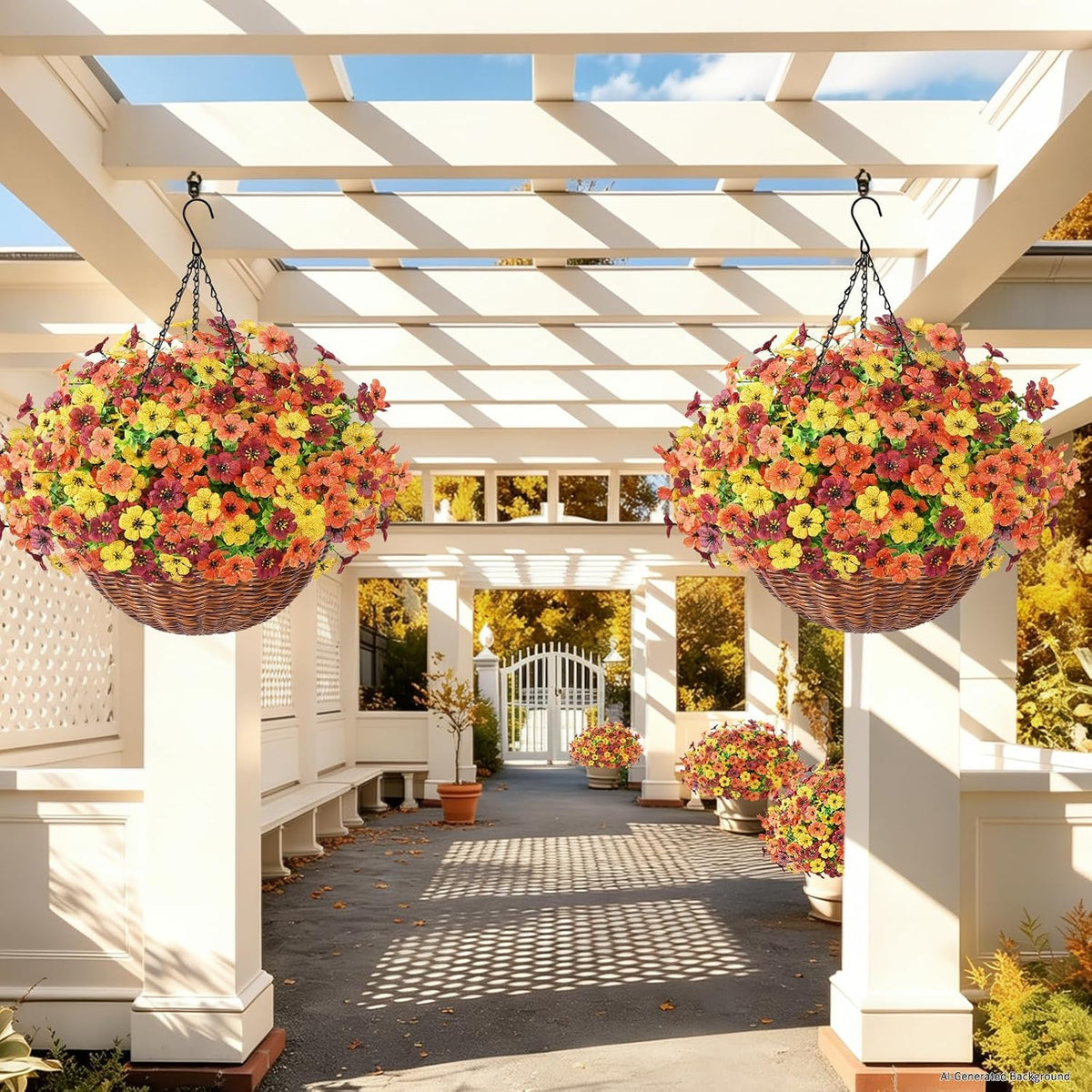 Yastouay 12 Bundles Fake Mums Fall Hanging Basket for Outdoor Decorations