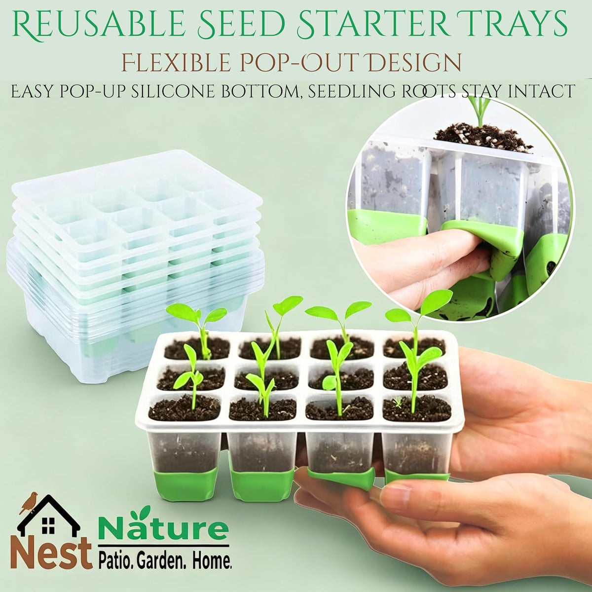 NestNature 5-Pack Seed Starter Tray Set|Reusable 60Cell Seed Starter Trays