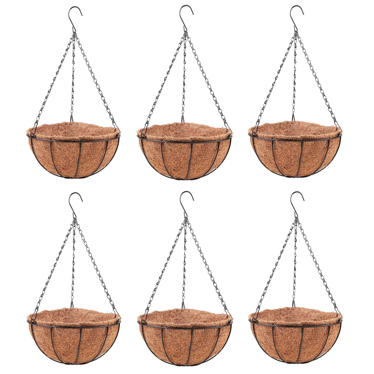 LaLaGreen Round Hanging Baskets (10 in, 2 Pack) Black Metal Coco Liner Pots