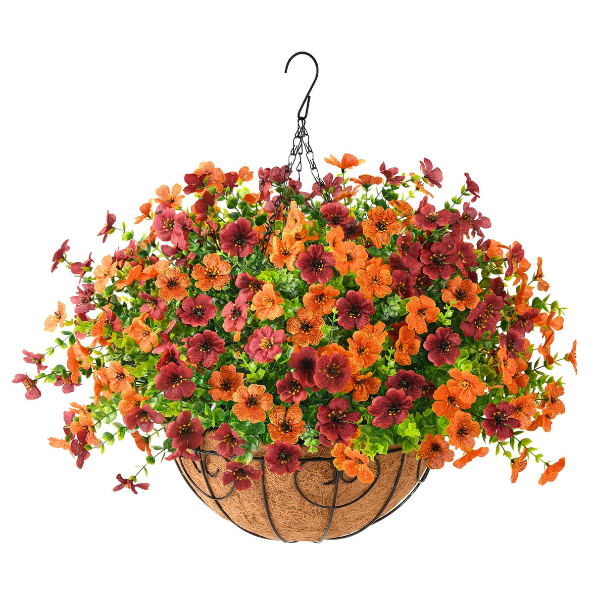 Artificial Fall Hanging Flowers Basket, UV Resistant Mums for Outdoors