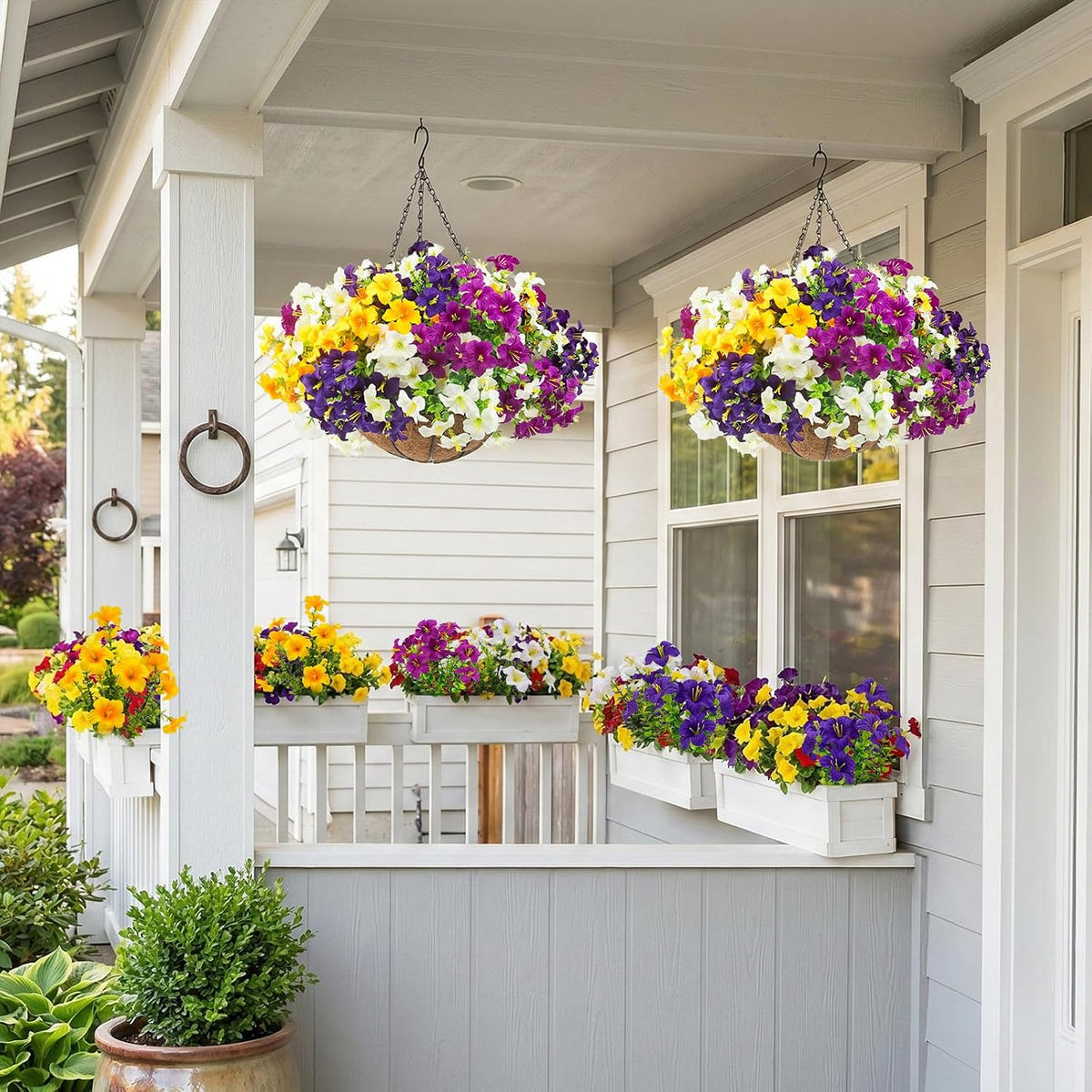 Daynight 2 Set Artificial Outdoor Hanging Baskets with 24 Pcs Petunias