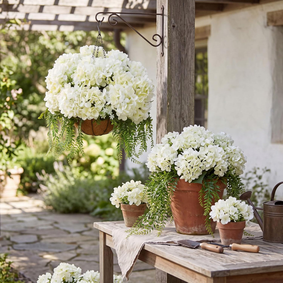 2 Pack Artificial Hanging Hydrangea Flowers with Basket for Outdoor, White