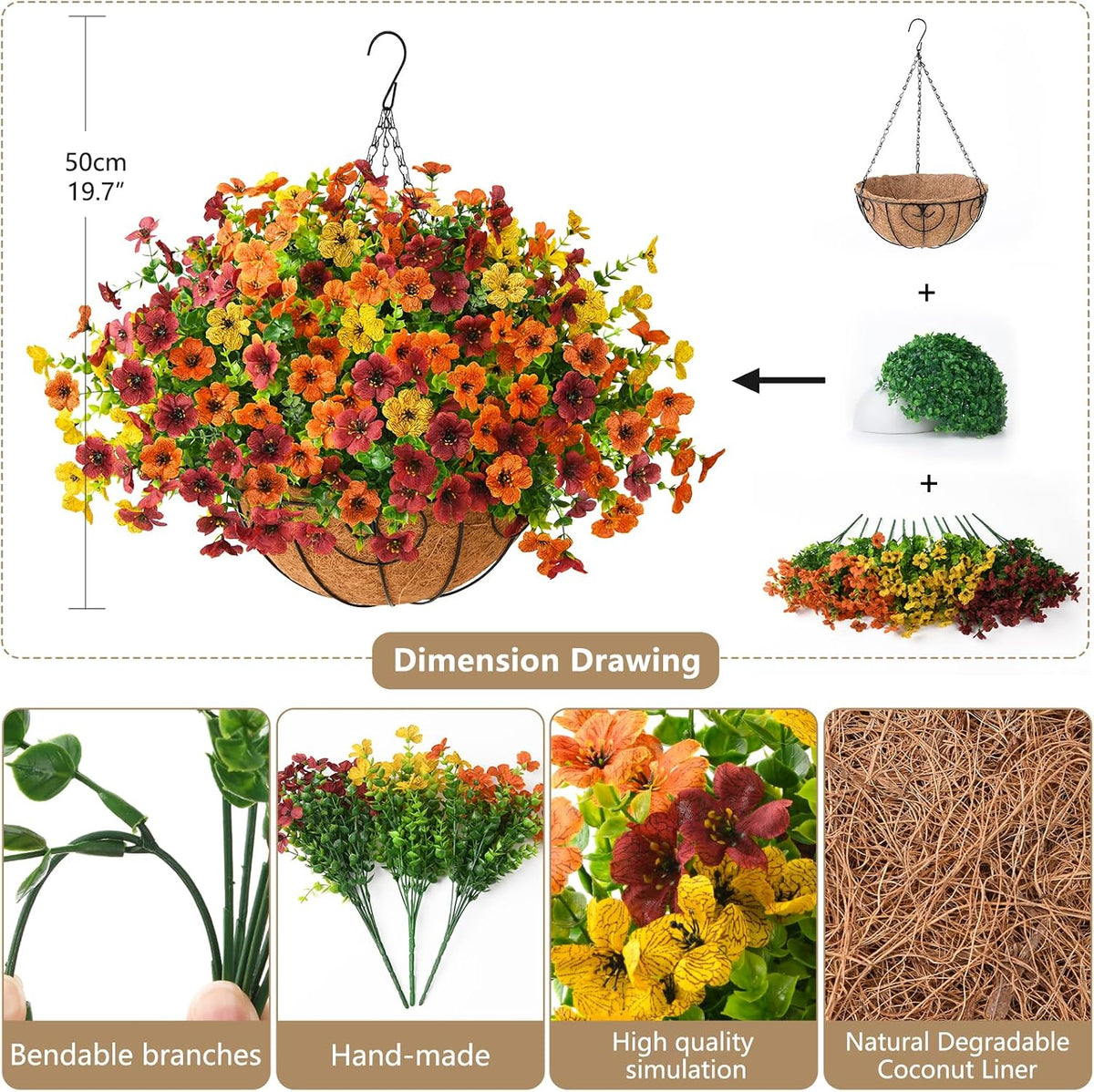 Artificial Fall Hanging Flowers Basket, UV Resistant Mums for Outdoors