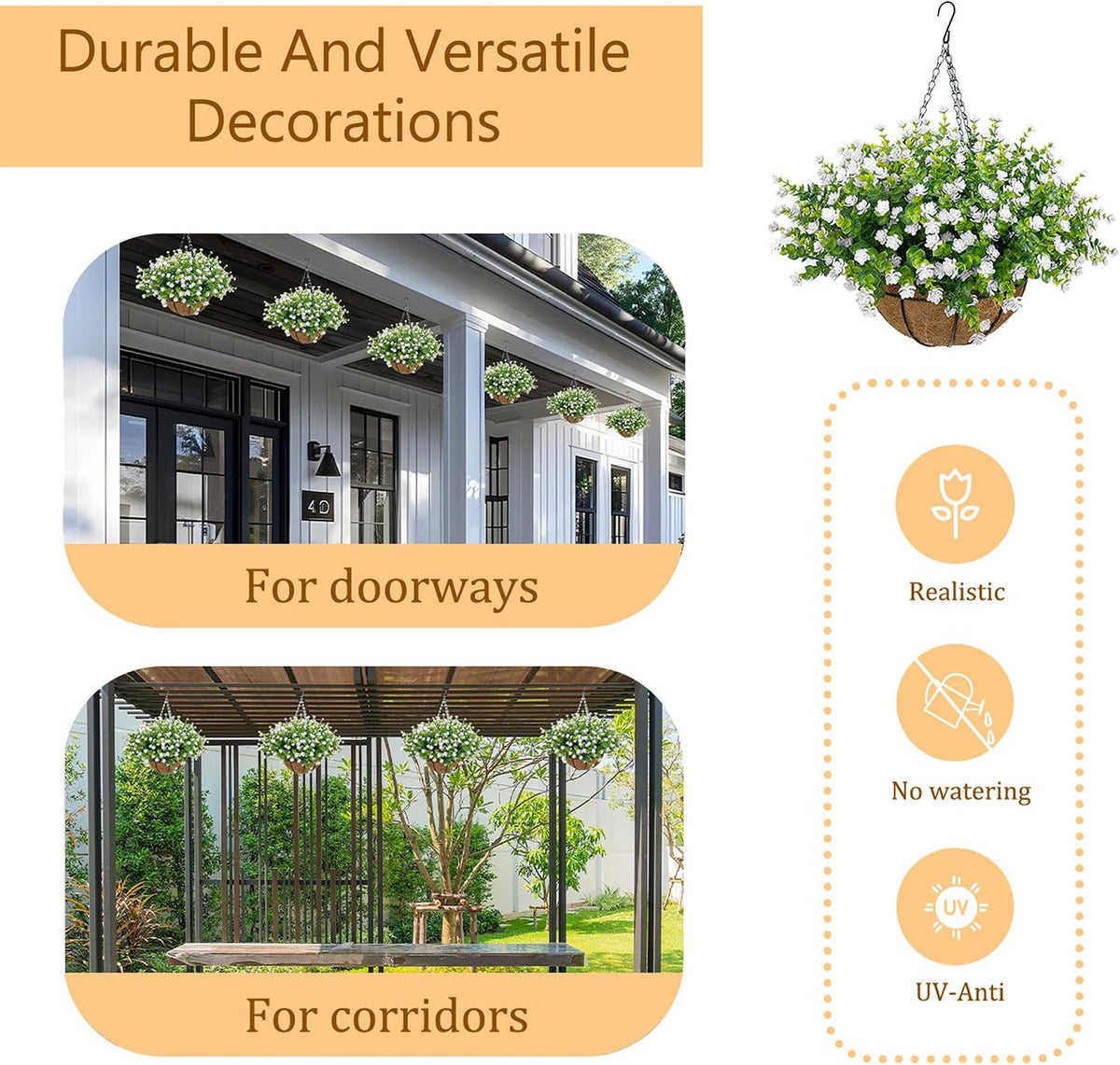 NETAP Artificial Hanging Flowers Basket for Outdoor, 16 Fake Flowers Look Real UV Resistant, Faux Hanging Plants for Porch, Balcony, Patio, Garden, Spring Summer Decor,White