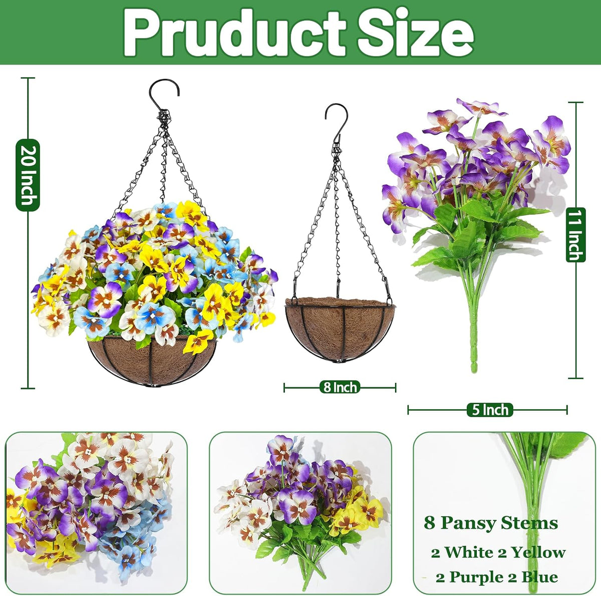 Artificial Hanging Flowers Plants Baskets Outdoor Outside Decoration, Pansies UV Resistant Waterproof Spring Fake Silk Flowers Faux Hanging Planters for Porch Patio Balcony Yard Home Decor