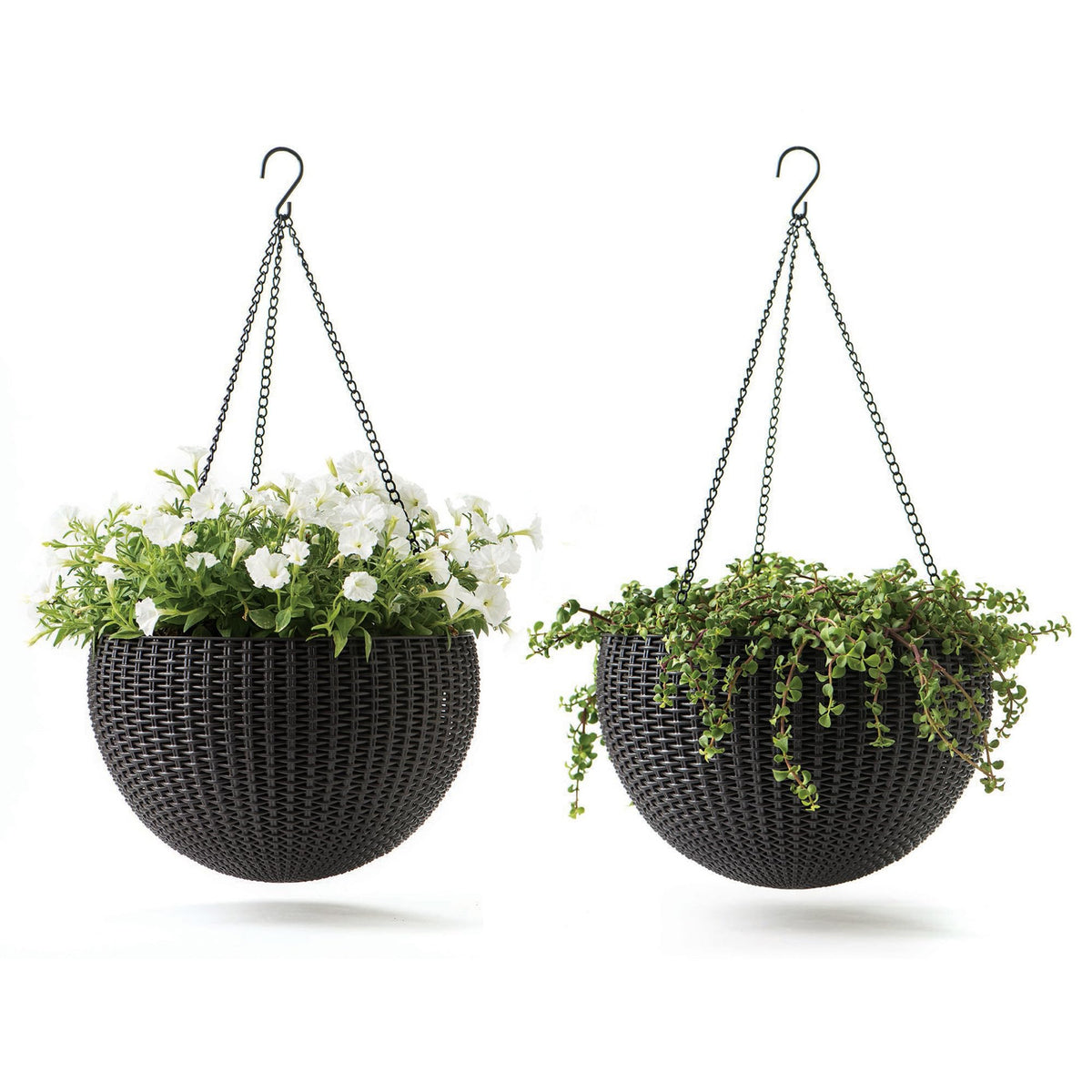 Keter Resin Rattan Set of 2 Round Hanging Planter Baskets for Indoor and Outdoor Plants-Perfect for Porches and Patio Decor, Cappuccino