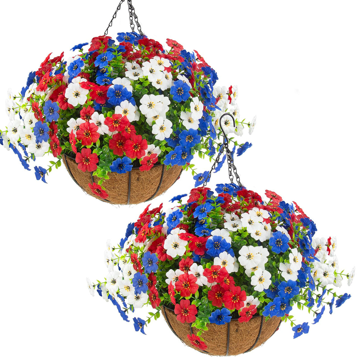Hananona 2 Set Artificial Outdoor Fall Flowers with Hanging Basket, 2 Packs Hanging Planters with 24 Pcs Faux Fall Mums for Autumn Front Porch Garden Patio Home Decor (2, Orange,Yellow,Burgundy)