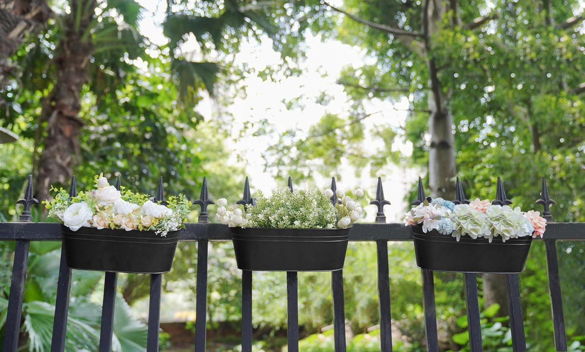 Dahey 15 Inches Railing Planter Box 3 Pcs Metal Hanging Flower Pots, Black