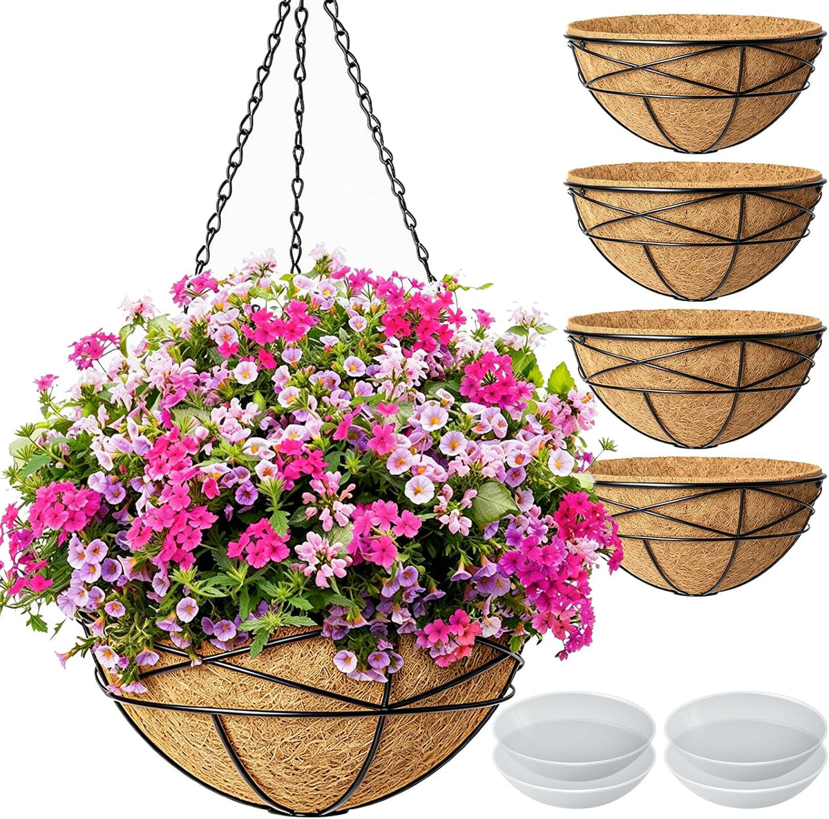 4 Pack 14 Inch Hanging Baskets for Plants Outdoor Large Flower Planters with Coco Liner for Outside Planting Watering Plant Pot Holder for Home Garden Porch Balcony Railings Decor