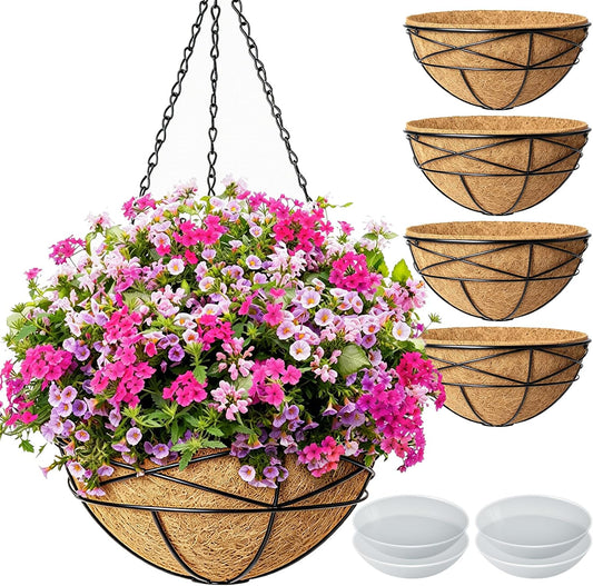 4 Pack 14 Inch Hanging Baskets for Plants Outdoor Large Flower Planters with Coco Liner for Outside Planting Watering Plant Pot Holder for Home Garden Porch Balcony Railings Decor