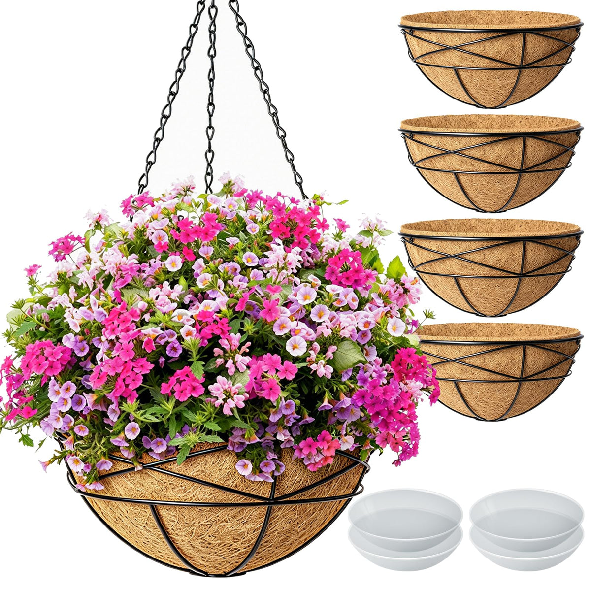 4 Pack 14 Inch Hanging Baskets for Plants Outdoor Large Flower Planters with Coco Liner for Outside Planting Watering Plant Pot Holder for Home Garden Porch Balcony Railings Decor