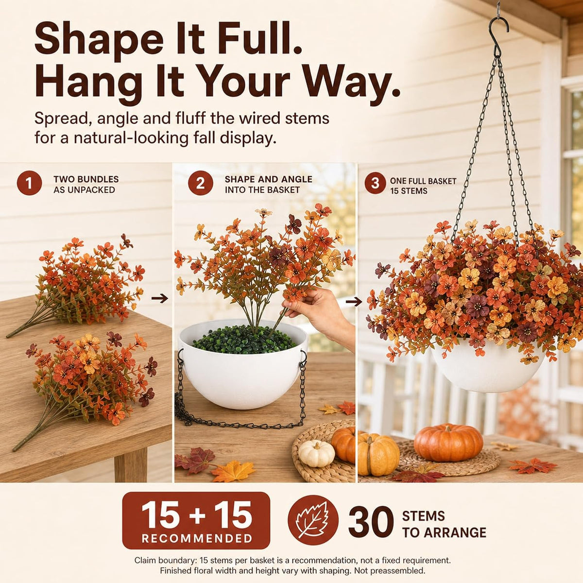 2 Sets of Artificial Hanging Flowers for Outdoors, Fall Mum Hanging Baskets