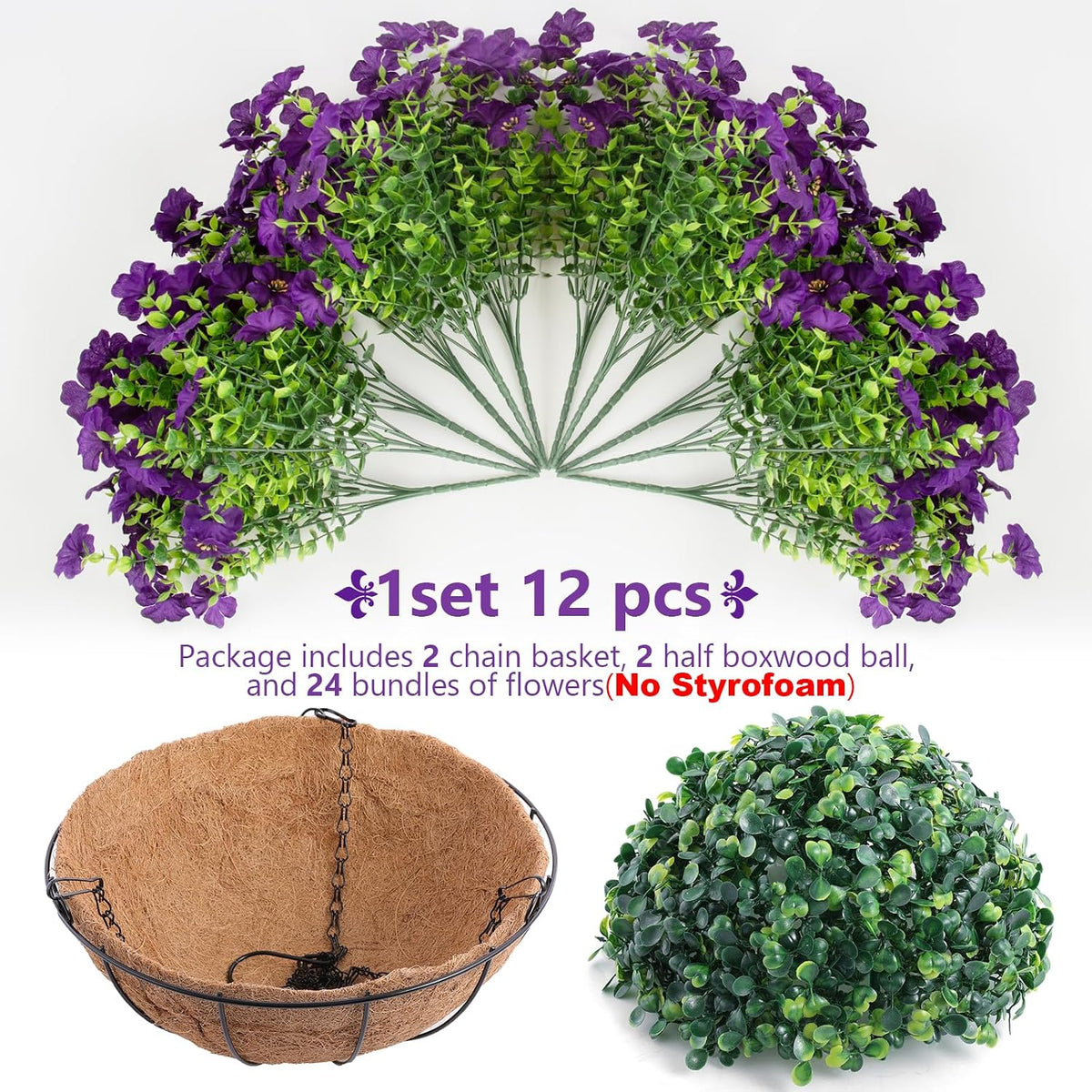 Hananona 2 Set Artificial Outdoor Flowers with Hanging Basket, 2 Hanging Planters with 24 Pcs Flowers for Spring Summer Front Porch Garden Patio Home Decor (2, Purple)