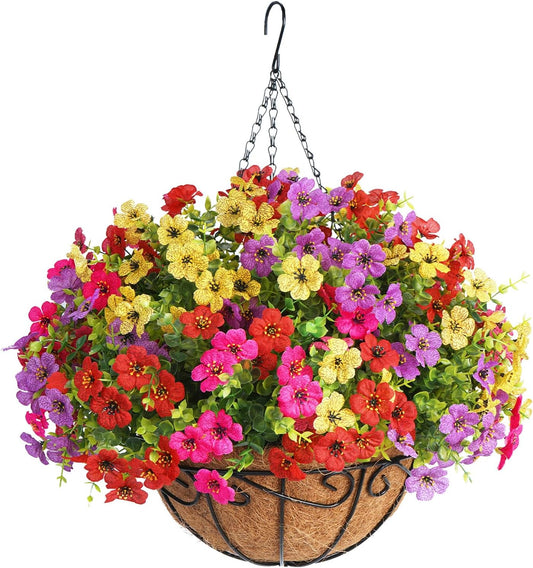 Artificial Hanging Flowers Basket Outdoors(Mix Red Purple Yellow Hot Pink)