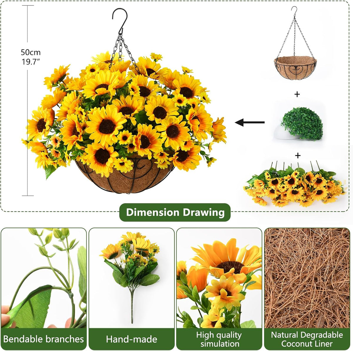 Artificial Sunflowers Fake Hanging Flowers Baskets for Outdoor Decoration