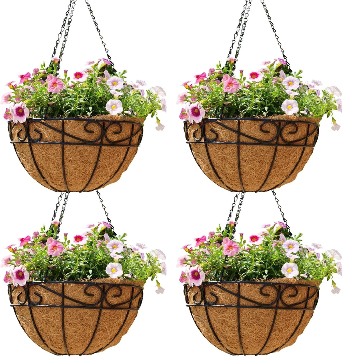 14 inch Metal Hanging Baskets For Plants Outdoor 4 Pack Round Metal Wire Hanging Basket Planter with Coco Fiber Liners Chain Round Wire Plant Holder for Garden, Patio, Deck, Porch Plants Flower Potss