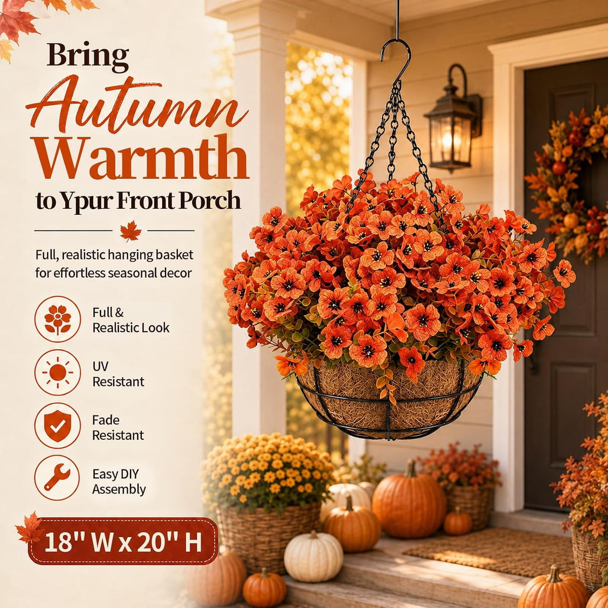 2 Set Artificial Hanging Flower Baskets with Coco Liners, Orange Fall