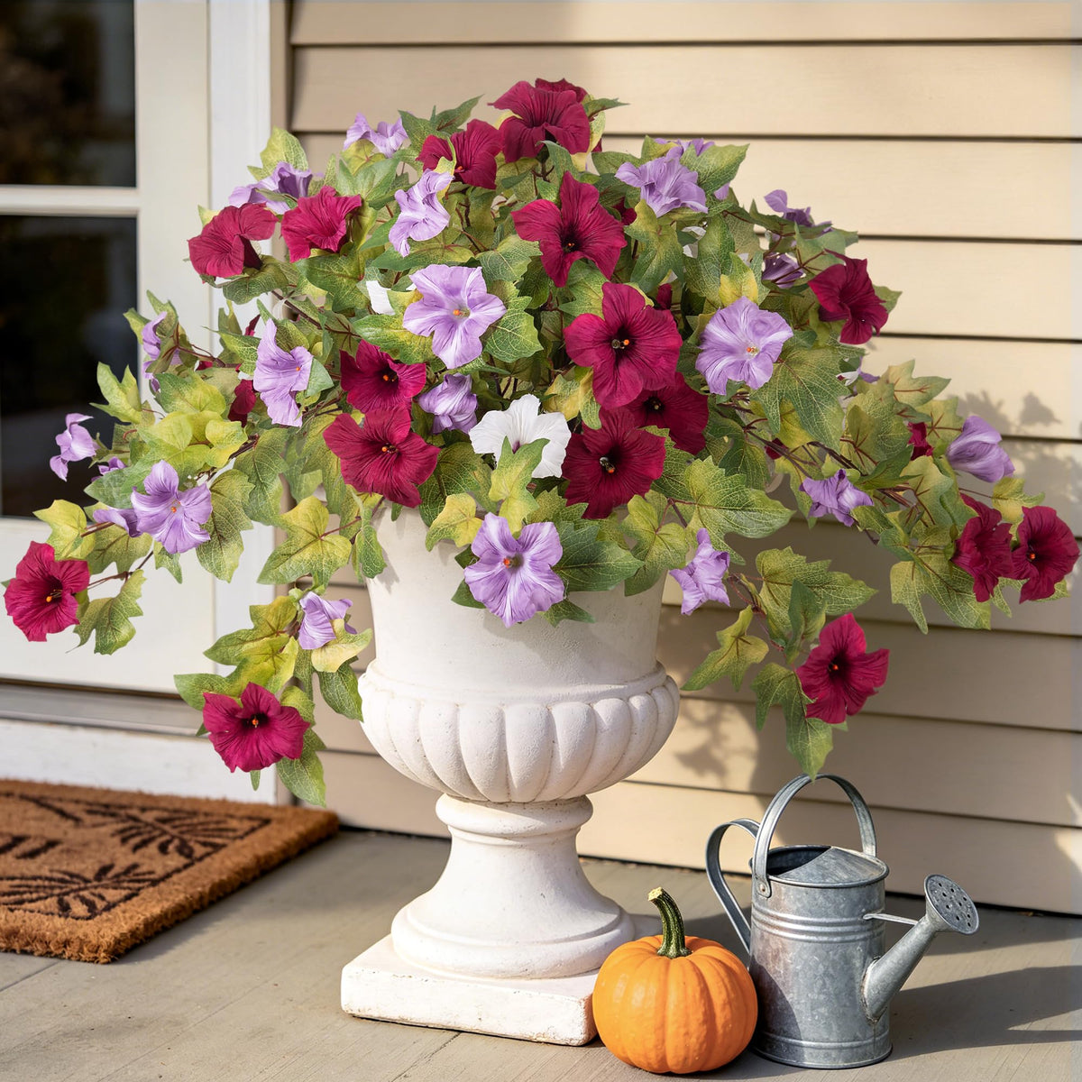 Ammyoo Artificial Hanging Fake Flowers with Basket Plants for Outdoor Decor