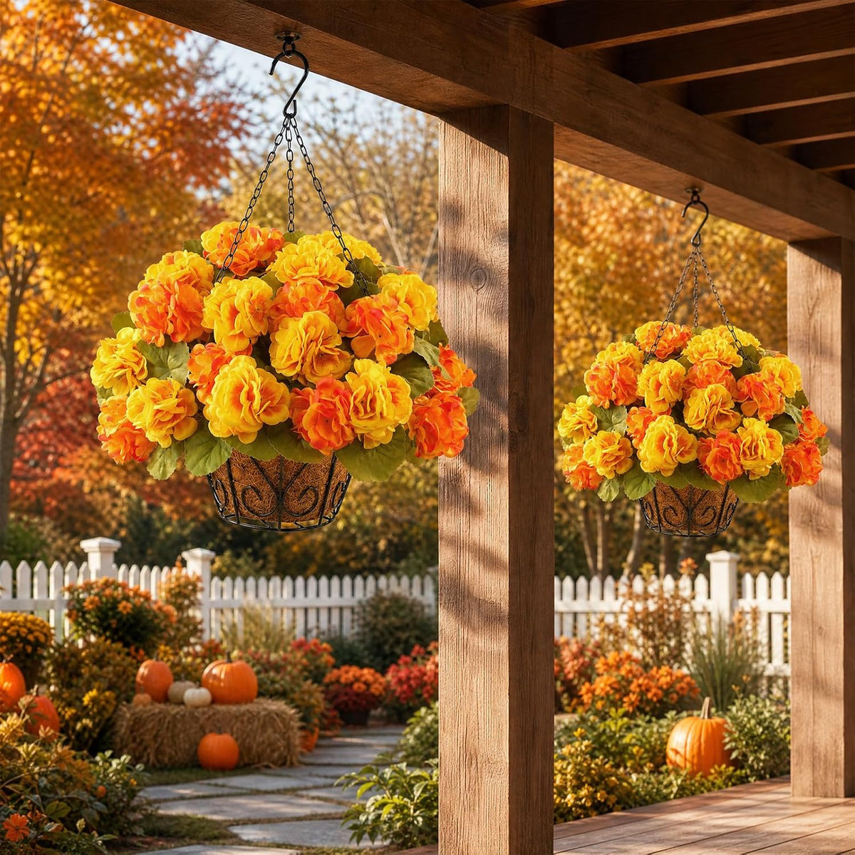 2 Set Artificial Outdoor Fall Flowers with Hanging Baskets