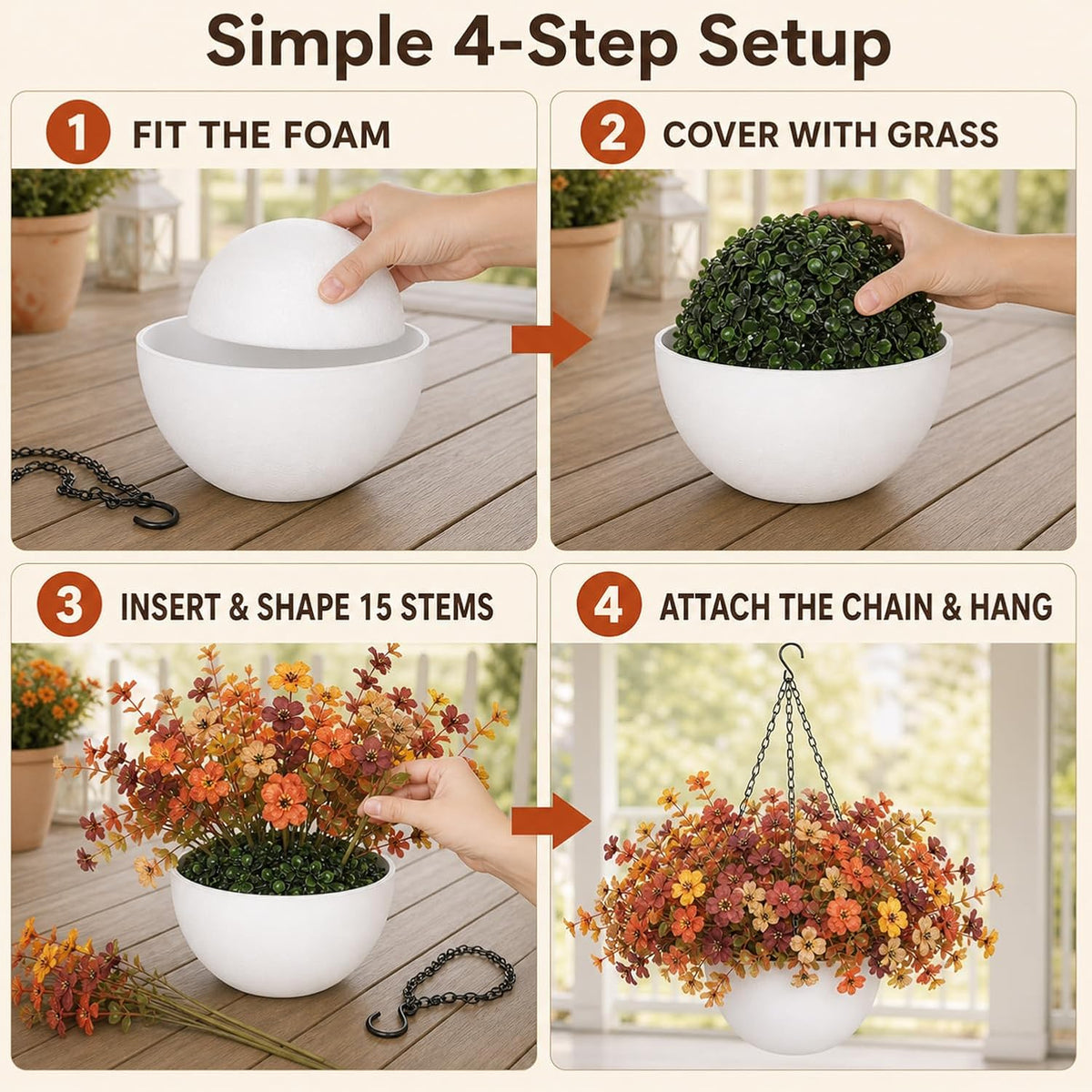 2 Sets of Artificial Hanging Flowers for Outdoors, Fall Mum Hanging Baskets