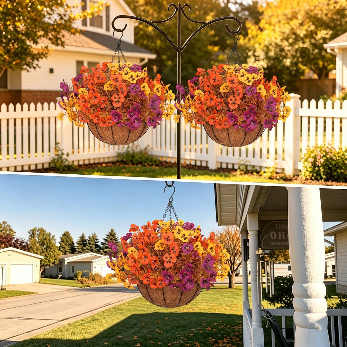 2 Set Artificial Fall Hanging Flower Baskets for Outdoor Autumn Decor