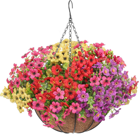Artificial Hanging Faux Flowers Basket, Fake Silk Daisy Eucalyptus Plants Arrangement,for Summer Fall Outdoor Decoration,UV Resistant, Coconut Planter,Look Real for Home Garden Decor (Multi Color)