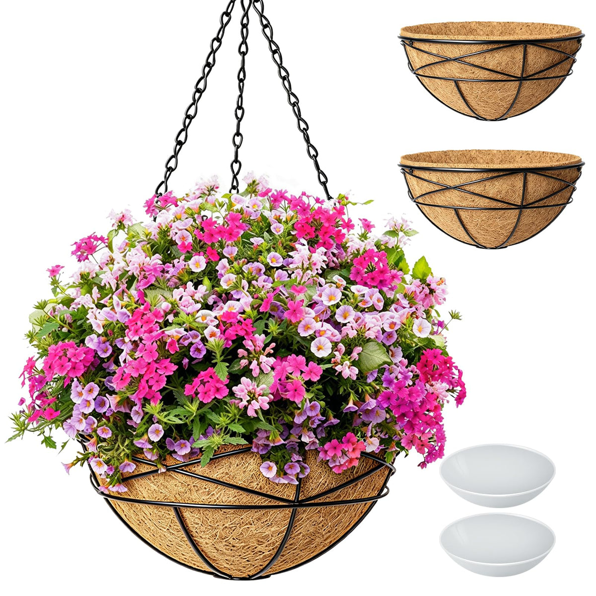 4 Pack 14 Inch Hanging Baskets for Plants Outdoor Large Flower Planters with Coco Liner for Outside Planting Watering Plant Pot Holder for Home Garden Porch Balcony Railings Decor