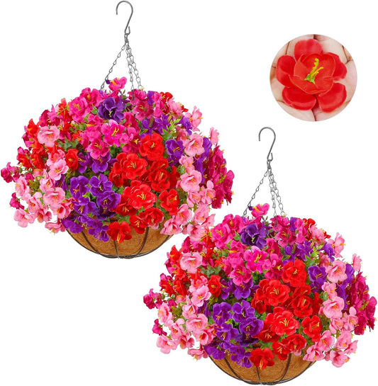 2 Set Artificial Outdoor Flowers with Hanging Basket, Outside Decor