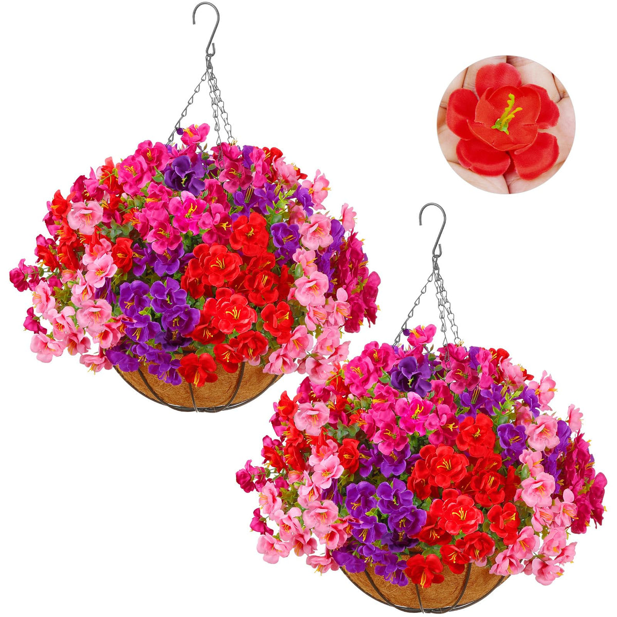 2 Set Artificial Outdoor Flowers with Hanging Basket, Outside Decor