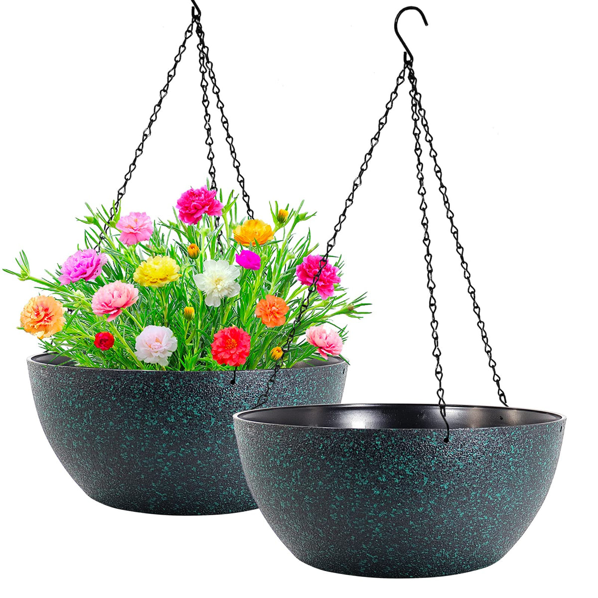 WOUSIWER 13 inch 2Pack Large Hanging Planters for Outdoor Indoor Plants with Drainage Holes and Chain, Round Hanging Flower Pots for Garden Home Porch Decor, Black