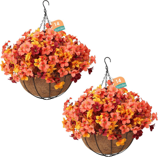 2 Pack Artficial Hanging Baskets with 28 Pcs Fake Fall Flowers, Artficial Hanging Flowers Outdoor Autumn Fall Decor for Home Front Porch Patio Balcony Yard, Mixed Colors