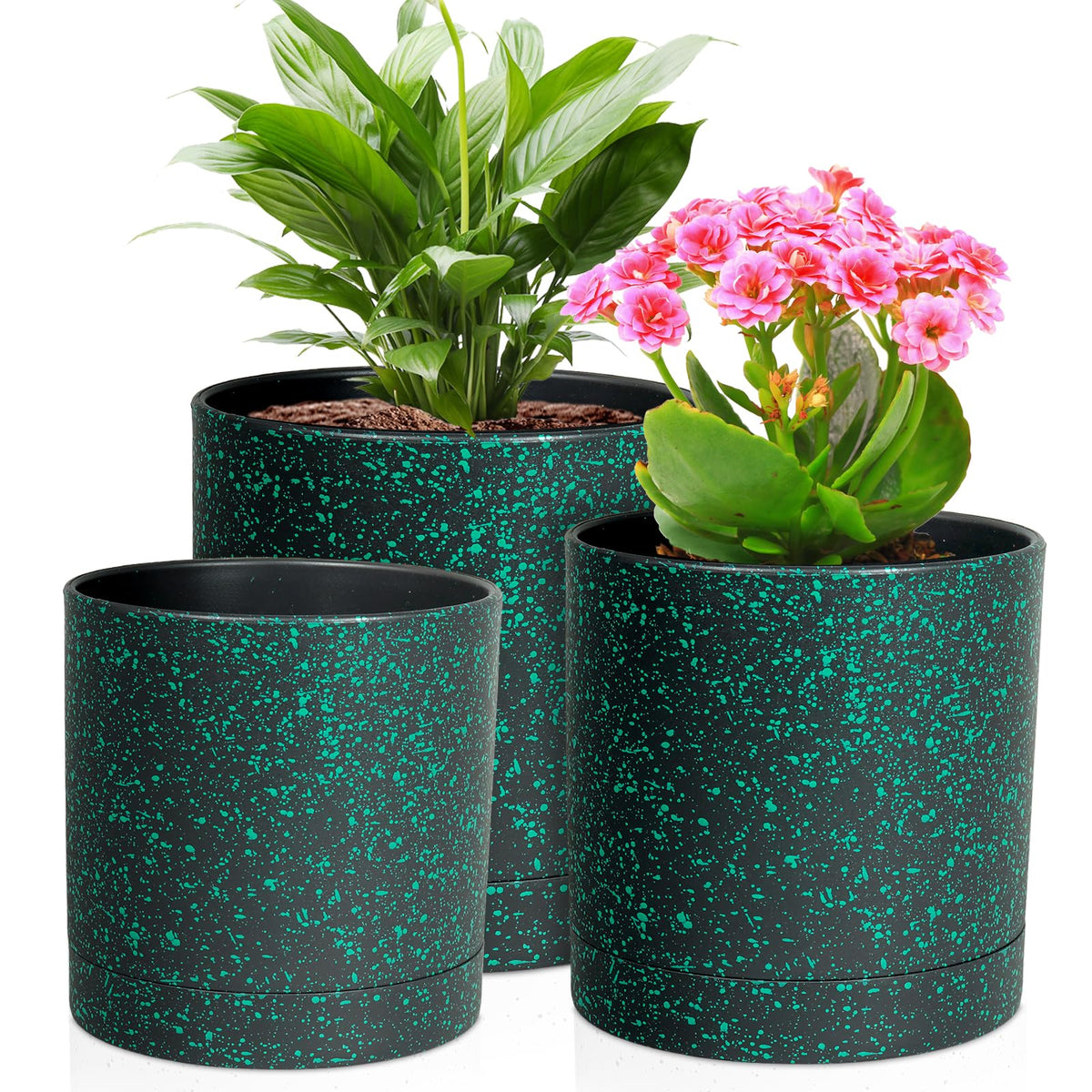 Meowell 8/7/6 inch Plant Pots, 3 Set Cylinder Flower Pots for Outdoor Indoor Plants, Decorative Plastic Planters with Drainage Holes and Saucers for Garden House Plants, Black