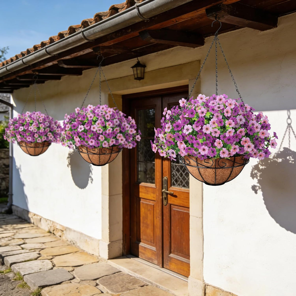 Artificial Fake Hanging Flowers Plants Basket Outdoors, Pink Purple