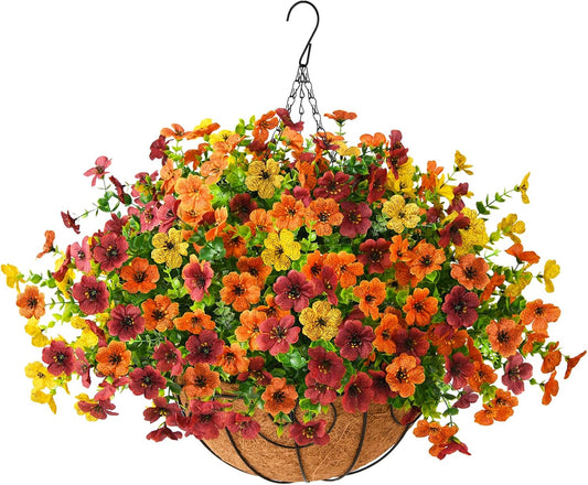 Artificial Fall Hanging Flowers Basket, UV Resistant Mums for Outdoors