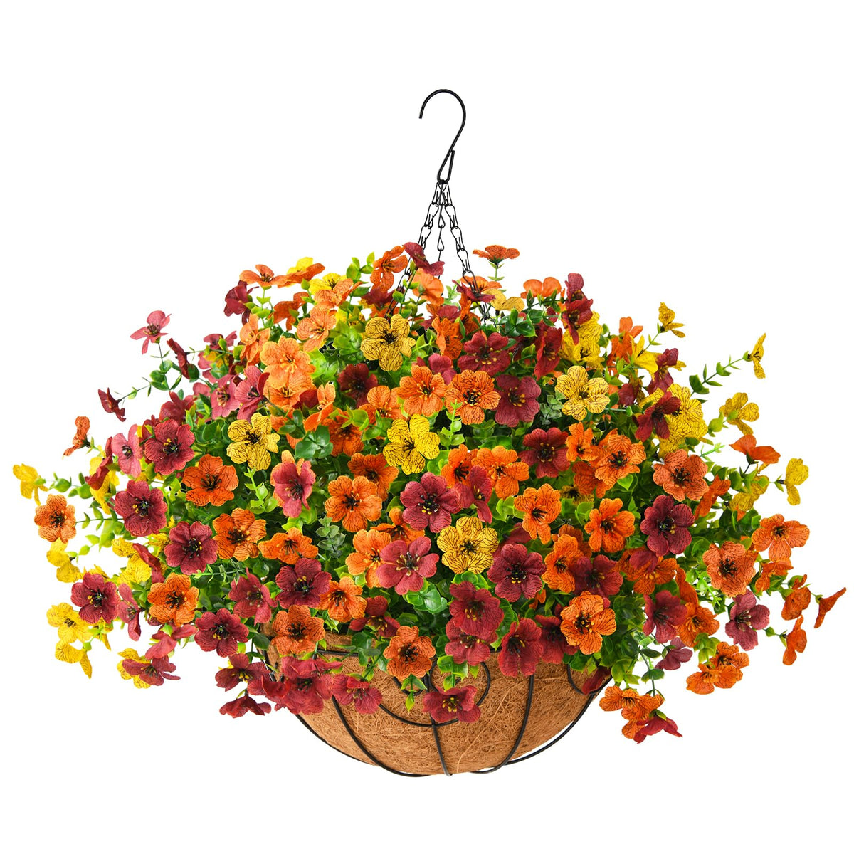 Artificial Fall Hanging Flowers Basket, UV Resistant Mums for Outdoors