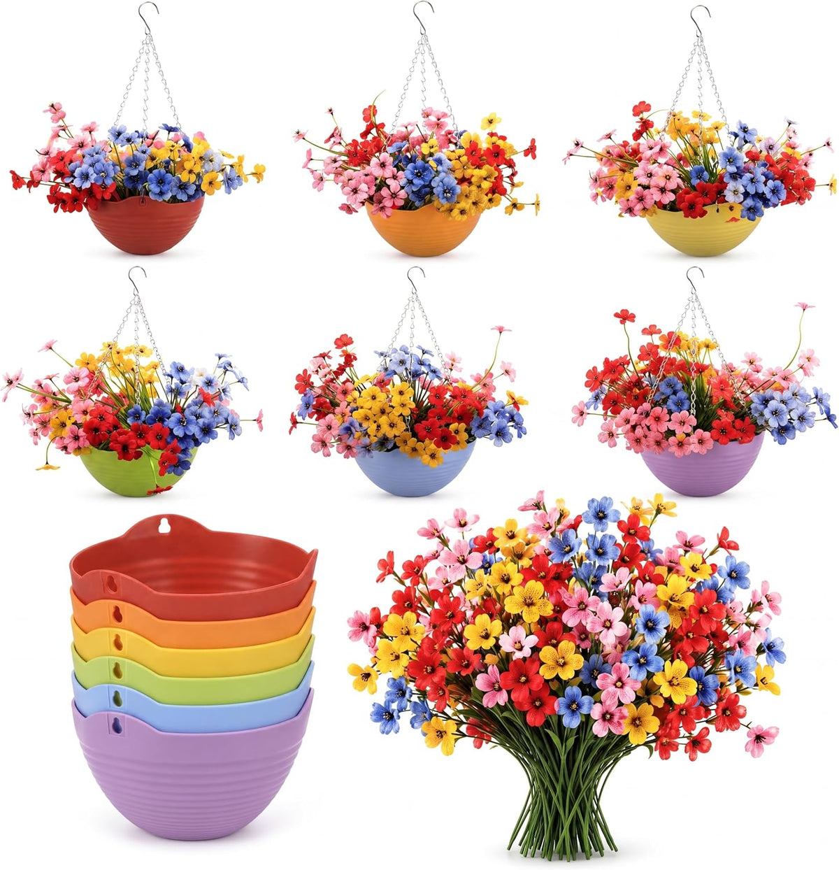 Hotop 6 Pack Hanging Flower Baskets with 42 Artificial Flowers