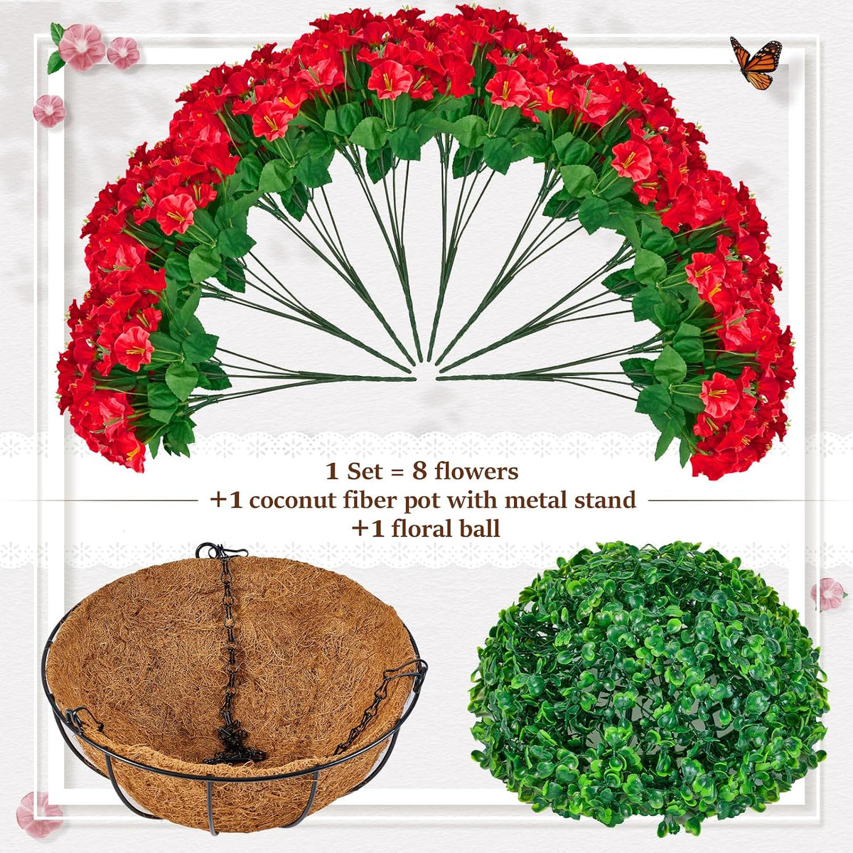 TTQ 2 Pack Artificial Hanging Flower Baskets for Outdoor Decor,Red