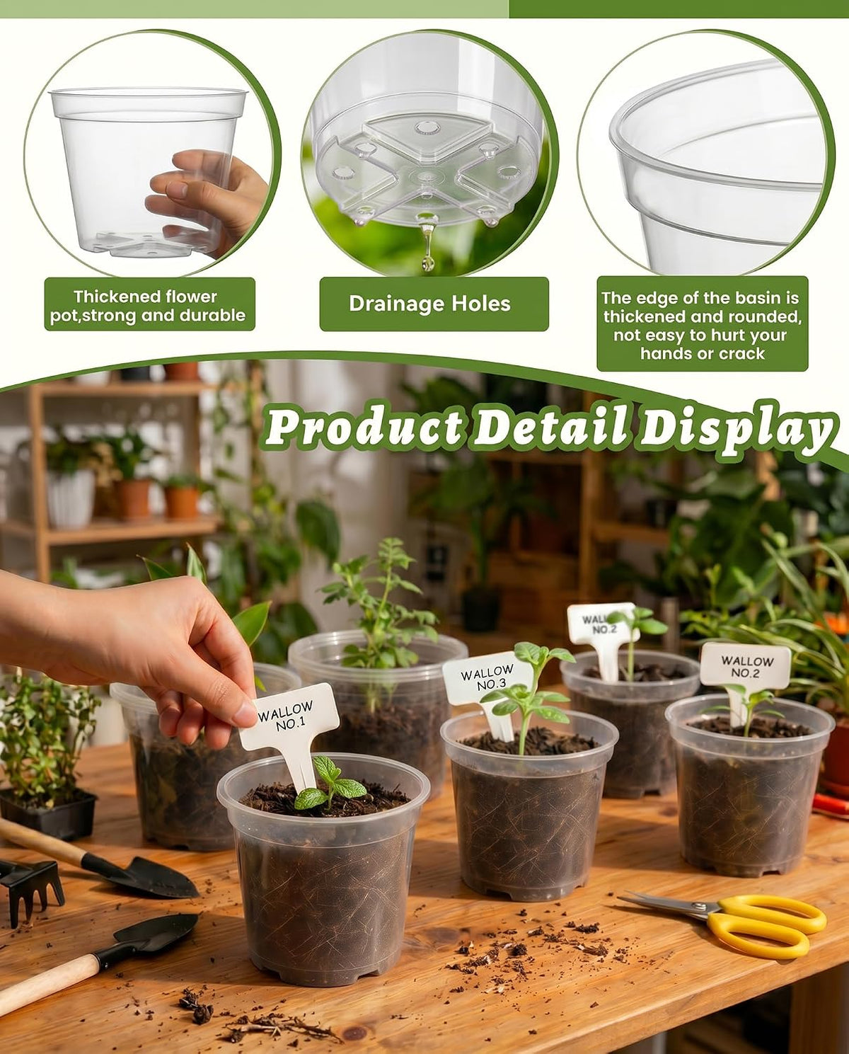 16 Pack 10/8/6/4 Inch Sizes Large Clear Nursery Pots with Drainage