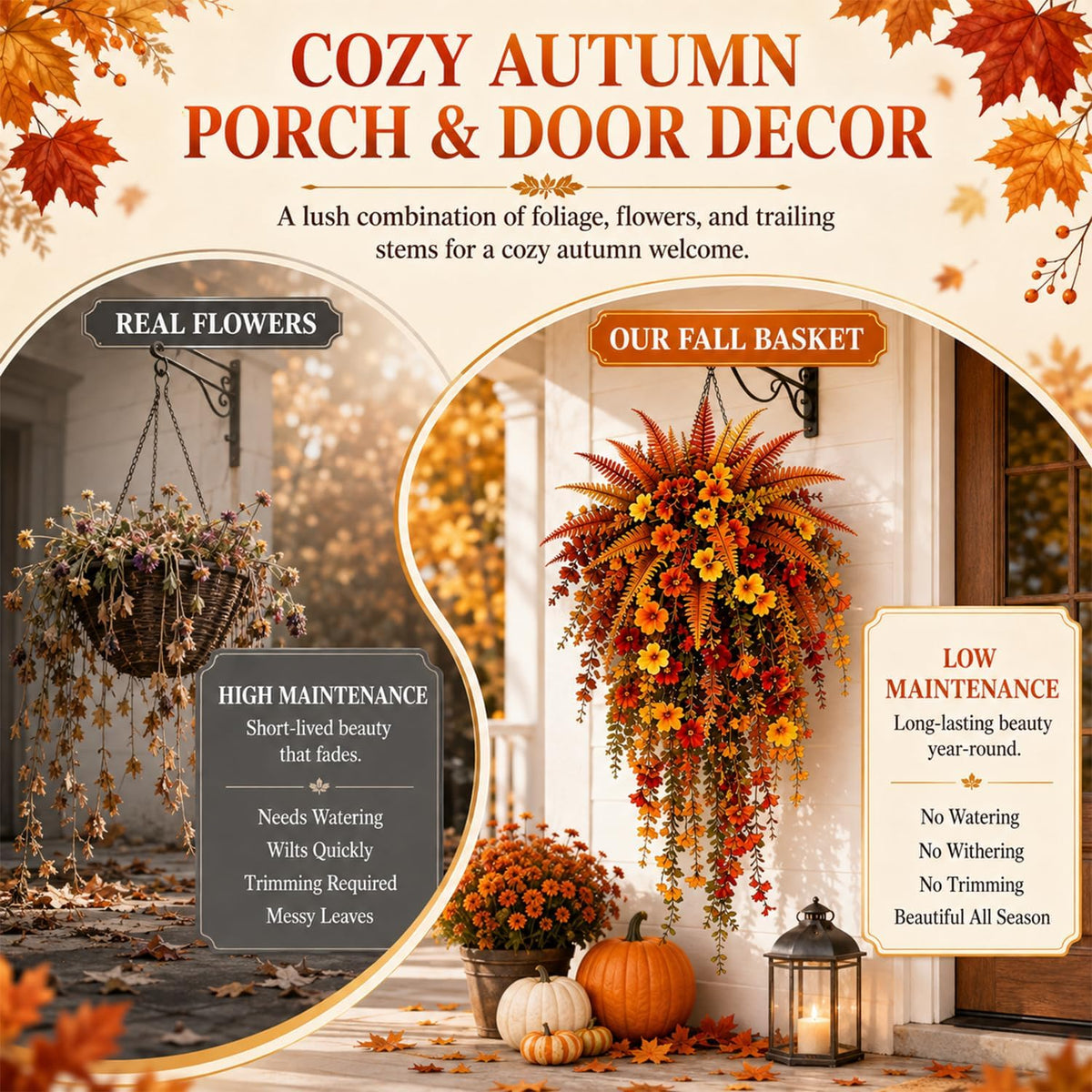 2Pcs Artificial Fall Harvest Hanging Basket,UV Resistant Faux Autumn Floral