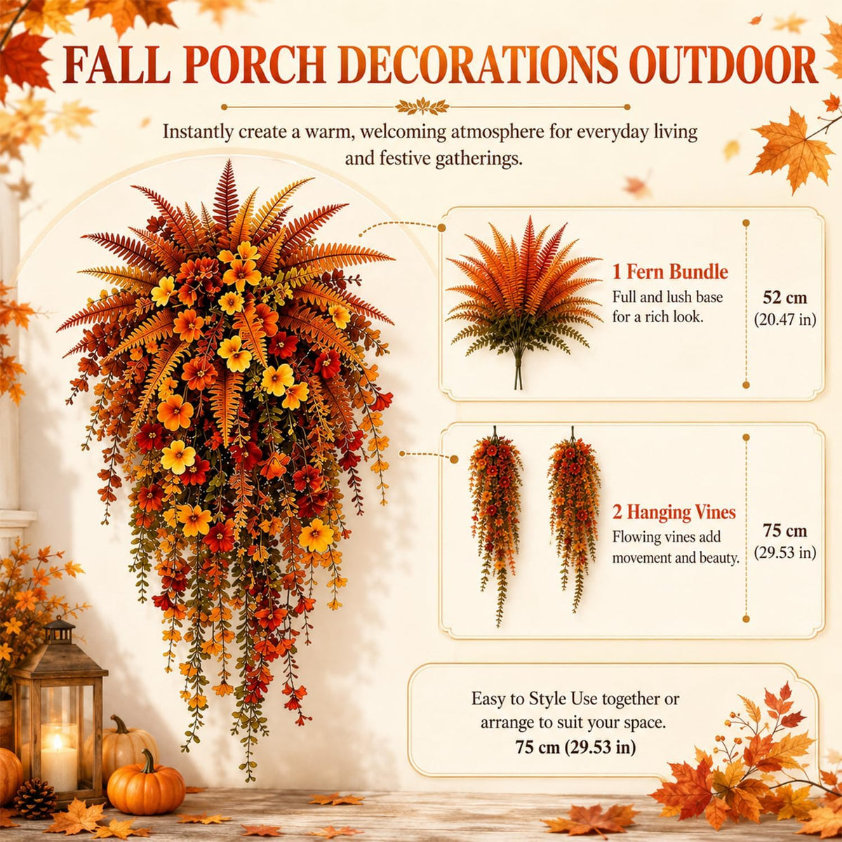 2Pcs Artificial Fall Harvest Hanging Basket,UV Resistant Faux Autumn Floral