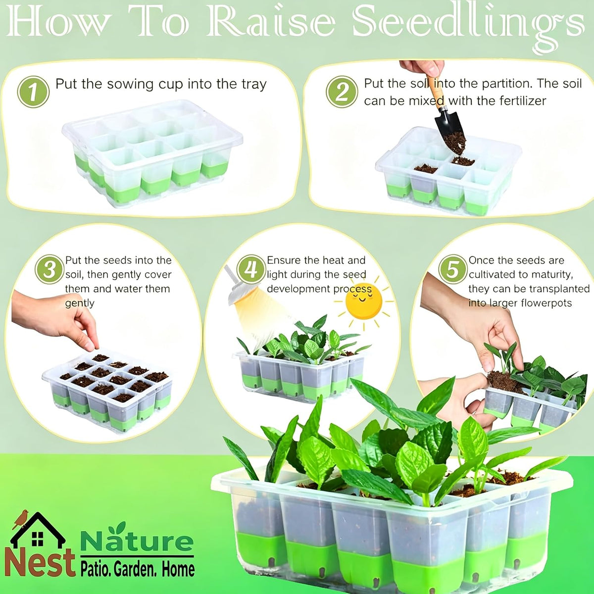 NestNature 5-Pack Seed Starter Tray Set|Reusable 60Cell Seed Starter Trays